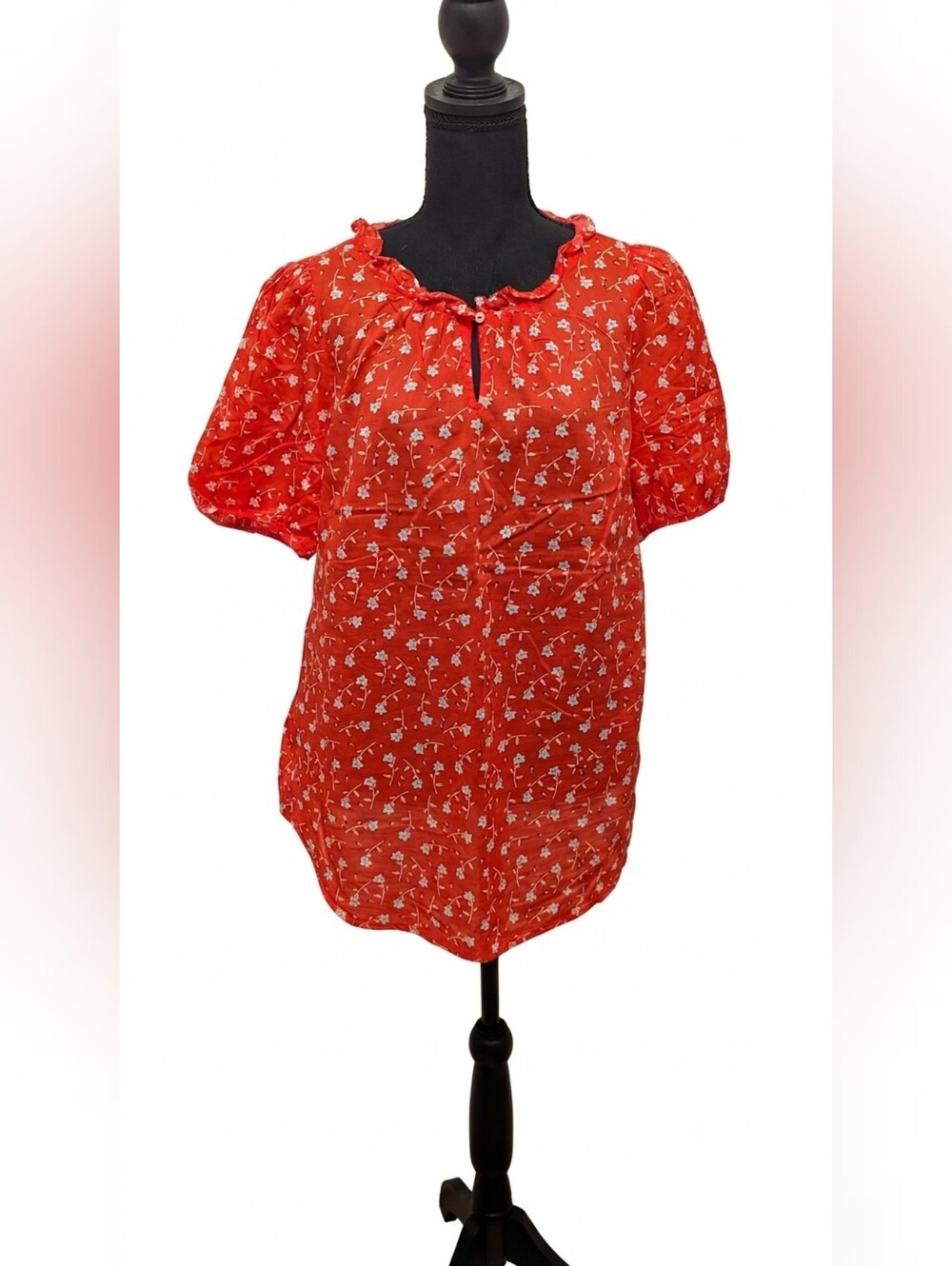Talbots 100% Cotton Red Ditsy Floral Ruffle Neck Keyhole Blouse Size Large